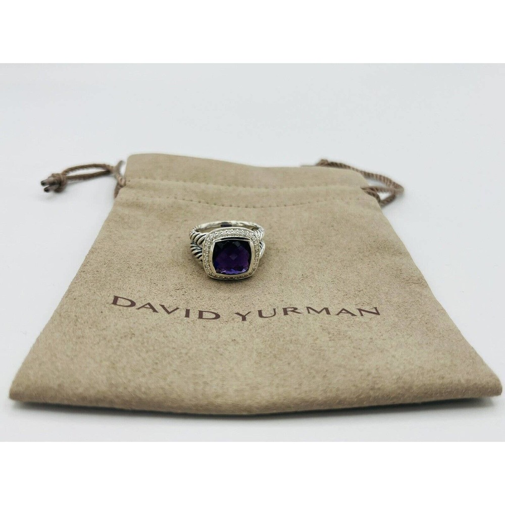 David Yurman Sterling Silver Albion Ring 11mm with Amethyst and Diamonds Size 8